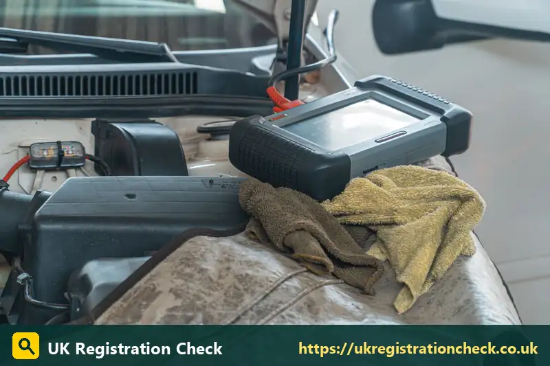 Diagnostic tablet resting on a car engine - free motorbike check uk
