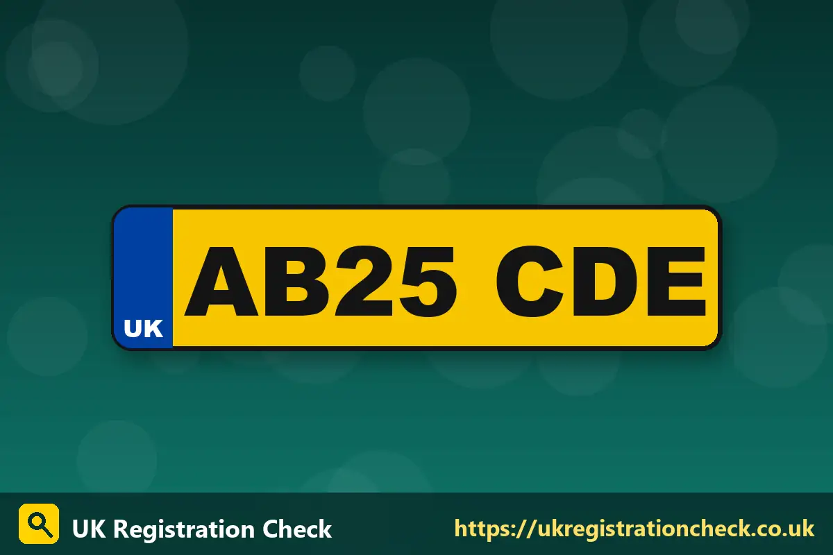 Illustration of a UK rear number plate with a yellow background and black characters - find my old car