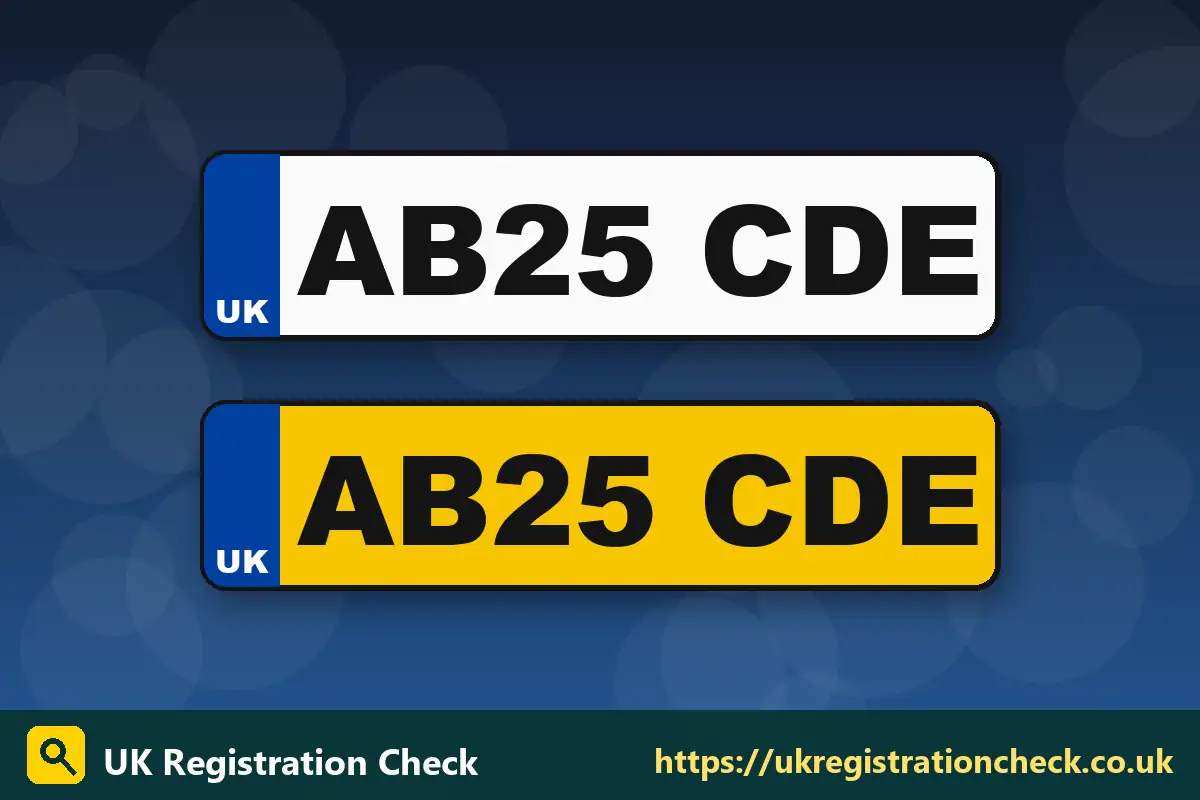 Illustration of a front white and rear yellow UK number plate pair - legal number plates uk