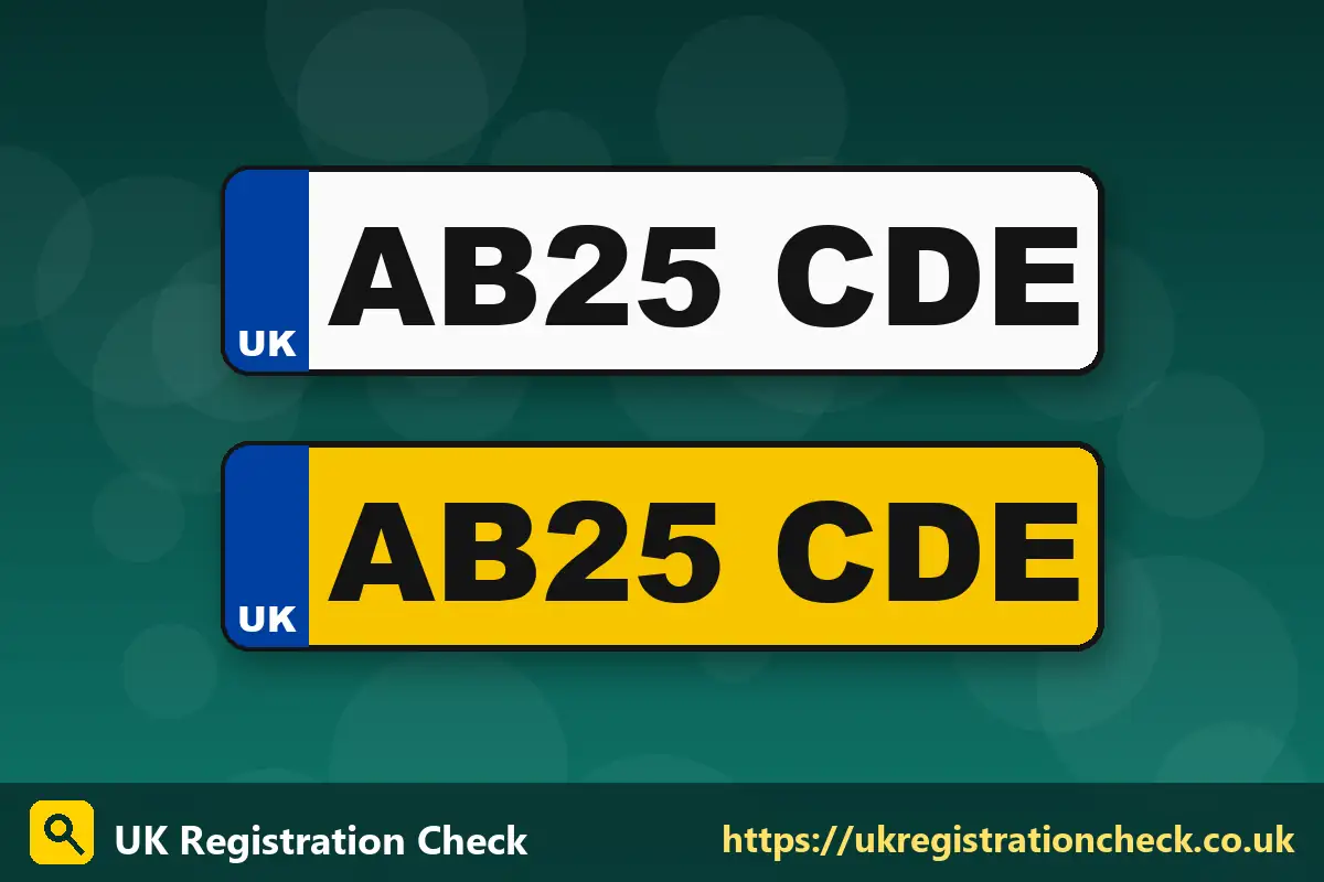 Illustration of a front white and rear yellow UK number plate pair - metal number plates