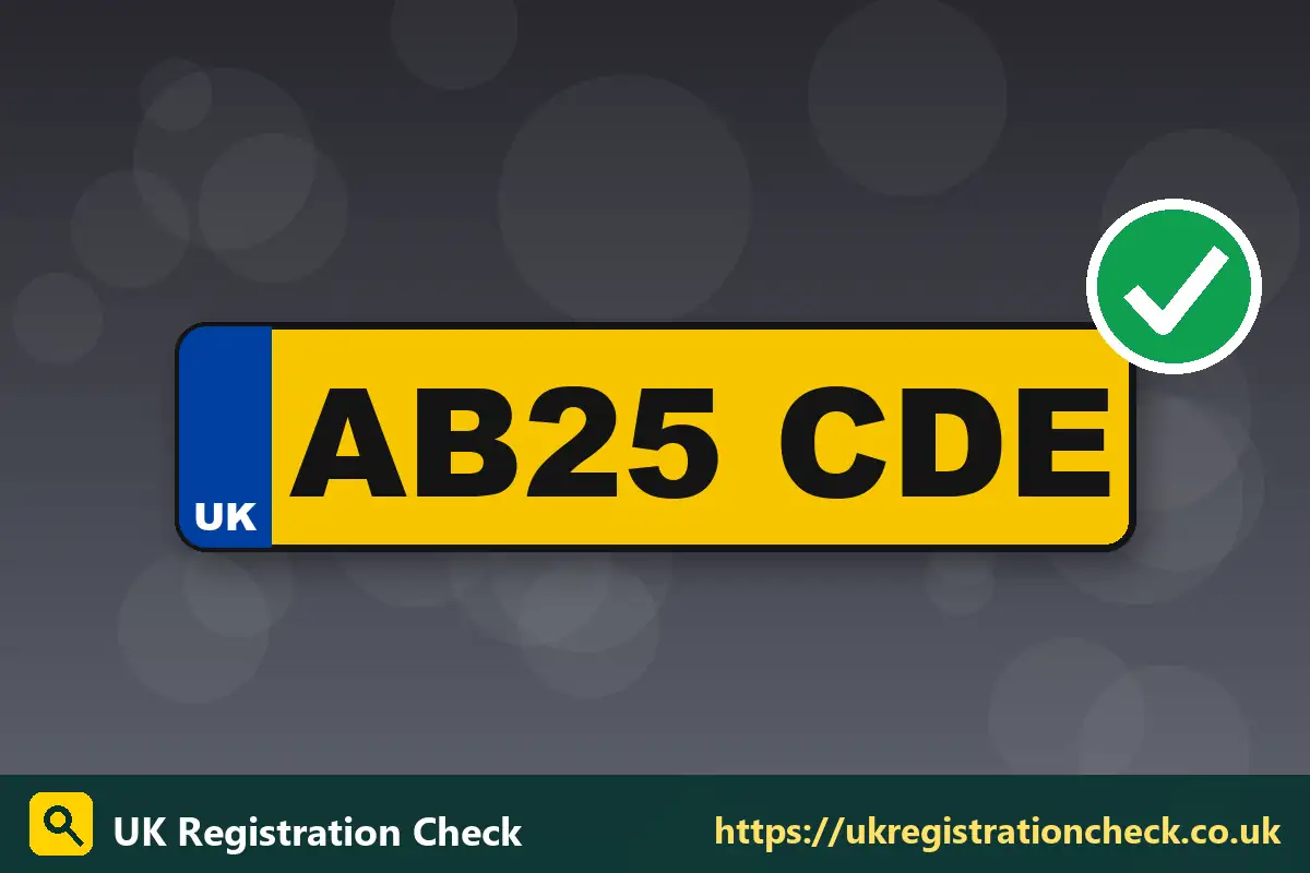 Illustration of a UK number plate with a green tick for a passed check - uk registration check